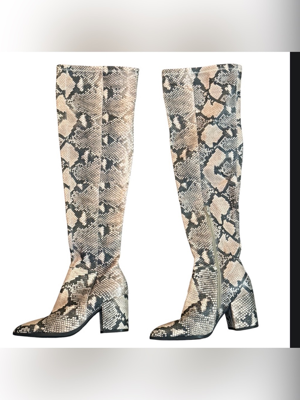 Karri Blue Snake-Print Knee-High Block Heel Boots - Neutral Size 6.5M New